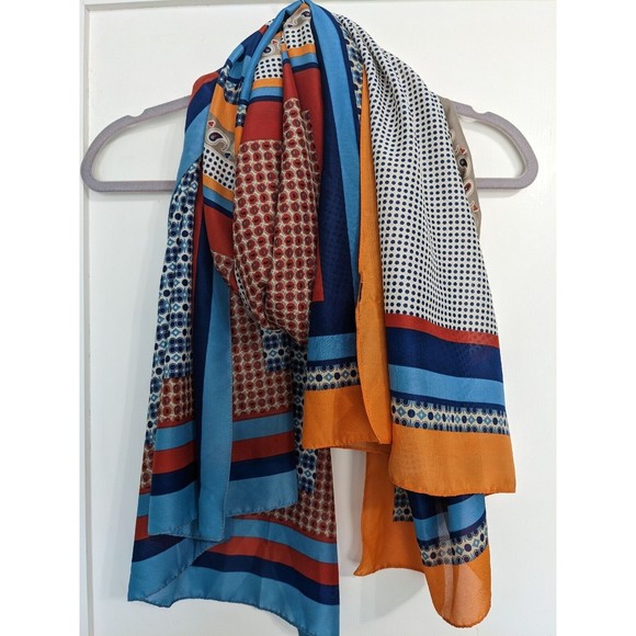 Large Rectangular Silky Scarf Multicolor Geometric Color Block Blue Rust 35X72" - Picture 5 of 11